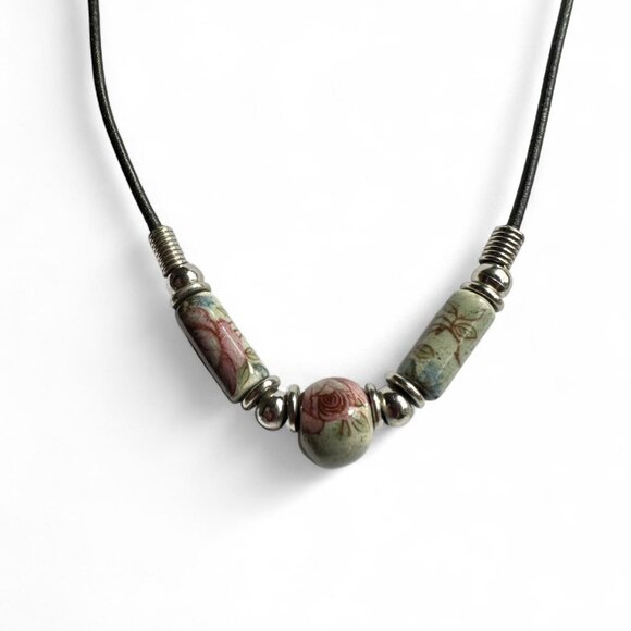 90's Style Floral Painted Ceramic Bead Necklace on Cord - Picture 1 of 4